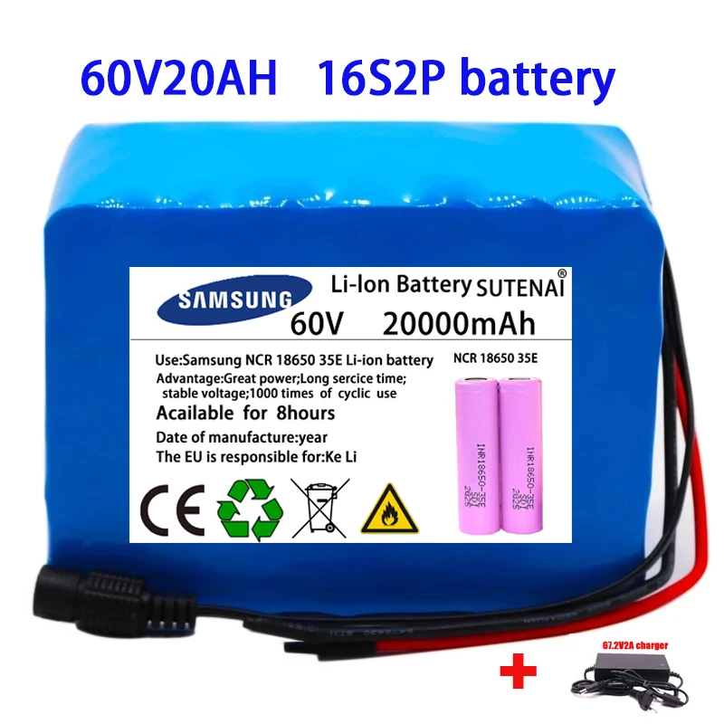 

60V 16S2P 100Ah 18650 Li-ion Battery Pack 67.2V Lithium Ion 101000mAh Ebike Electric bicycle Scooter with 30A BMS 750W 1000Watt