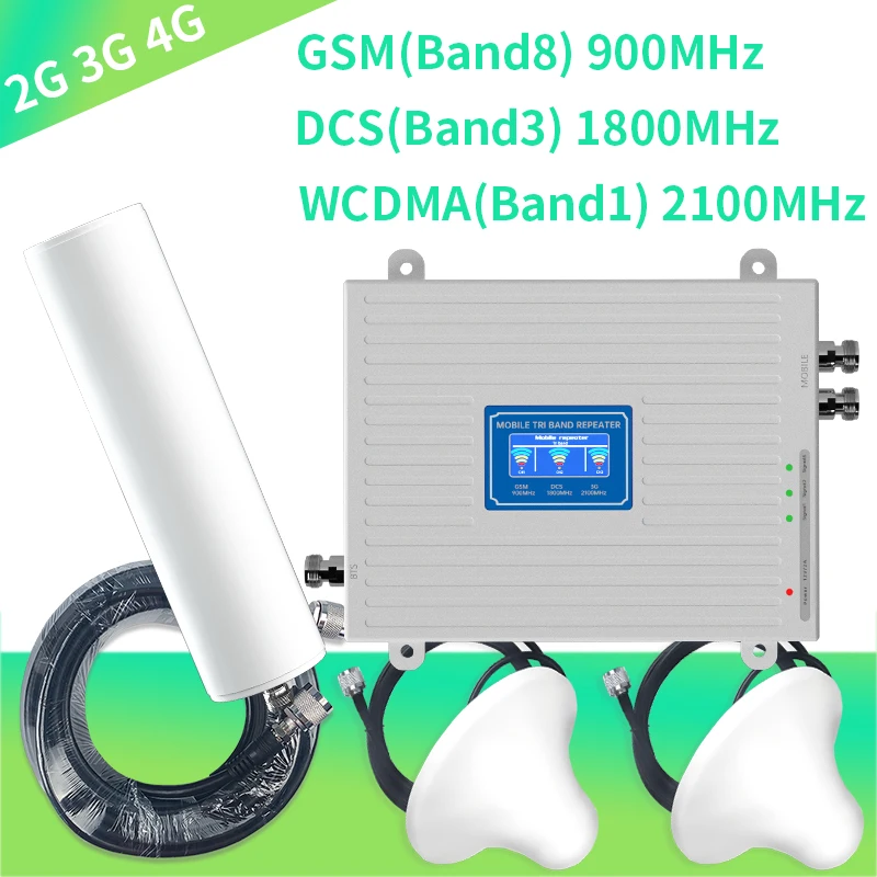 Cellular Amplifier Tri Band Repeater 900 1800 2100 GSM DCS WCDMA 2G 3G 4G Signal Booster Two Indoor Antennas |
