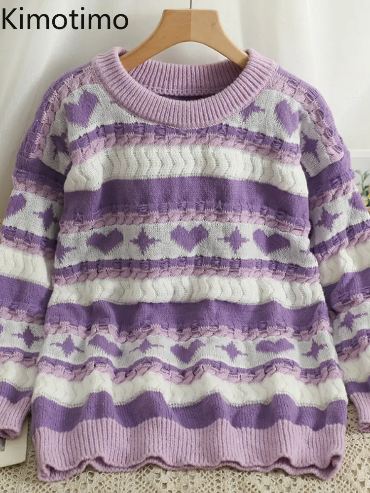 

Свитер Kimotimo в стиле ретро с принтом сердца, Женский пуловер с длинным рукавом, новинка 2022, корейский Повседневный свободный жаккардовый вяз...