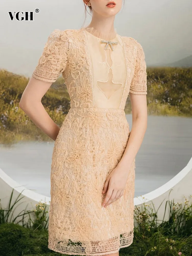 

VGH spliced Embroidery Dress For Women Round Neck Short Sleeve High Waist patchwork Bowknot Elegant Dresses Female Clothing New