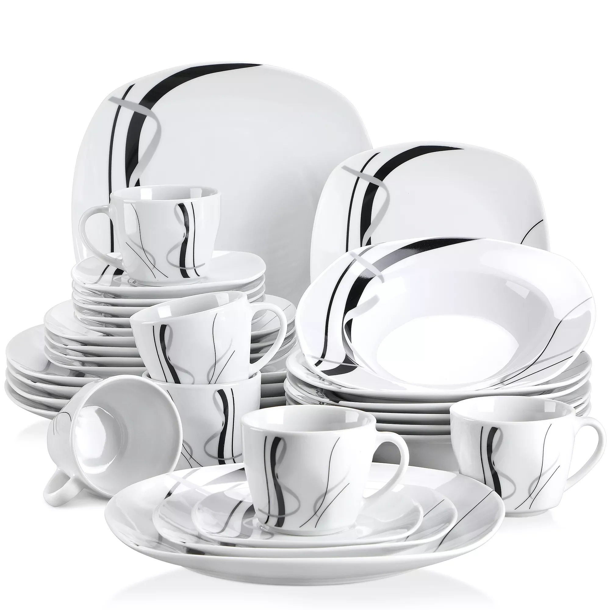 

VEWEET FIONA 30/60 Piece Black Lines Porcelain Ceramic Tableware Set with Dessert Plates/Soup Plates/Dinner Plates/Cups/Saucers