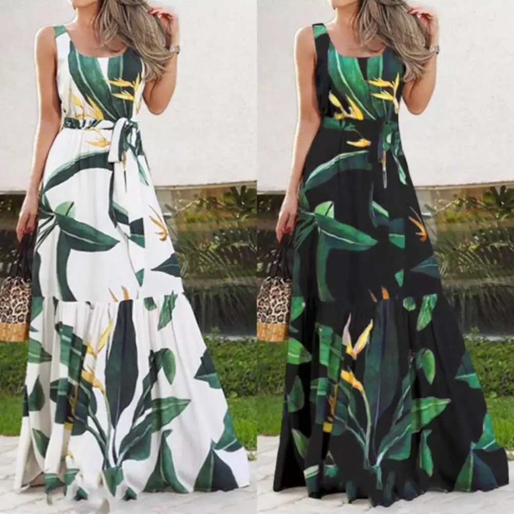 

Summer Long Dress Women Sexy Sundress Sleeveless Floral Print Ruffles Belt Beach Dresses for women 2022 Vestidos платье женское