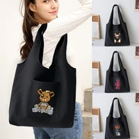 trendy shopping bags foldable ladies canvas shoulder bags bear printed student shopper bags travel totes work handbag