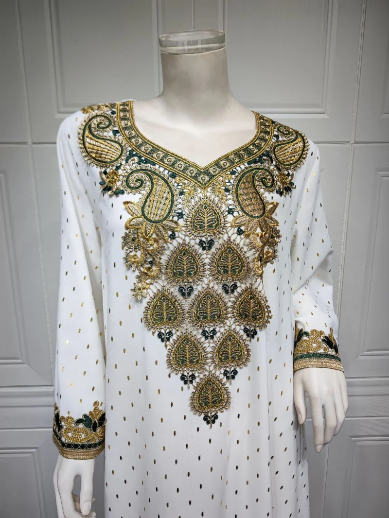 Arab Women Abayas Elegant Ethnic Dot Gold Stamping Applique Robe White Loose Dubai Moroccan Jalabiya Eid Muslim Dress
