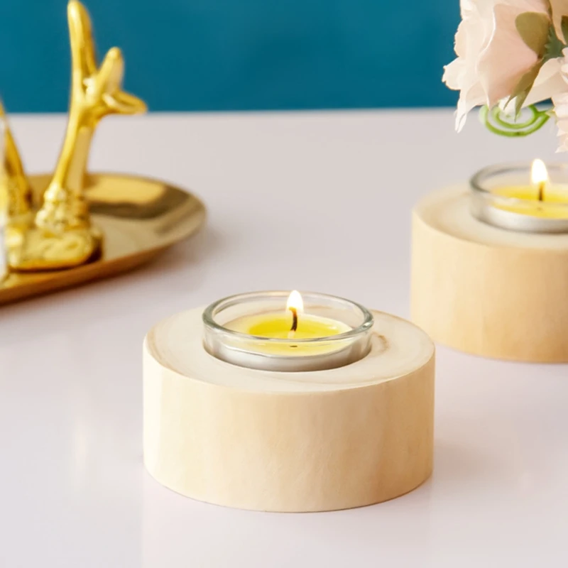 Handmade Wooden Tea Light Candle Holder with Glass Cup Rustic Farmhouse Candlestick Desktop Succulent Plant Pot