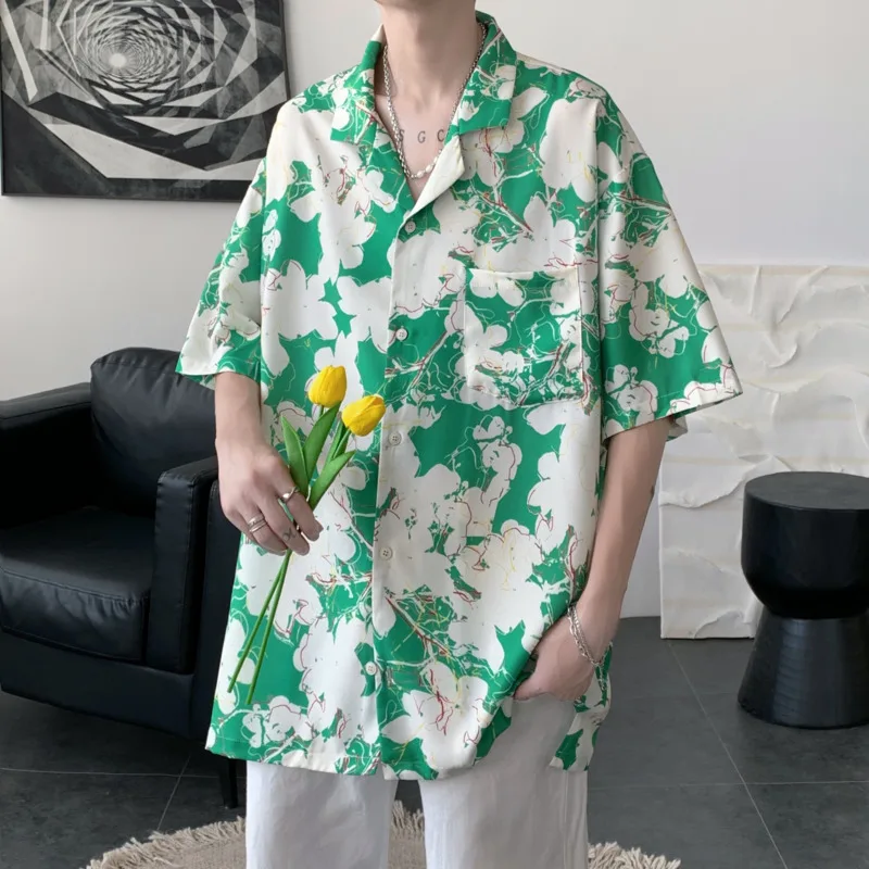 Summer Flower Shirt Men Fashion Print Casual Ice Silk Shirt Men Korean Loose Pocket Short Sleeve Shirt Mens Hawaiian Shirt M-2XL