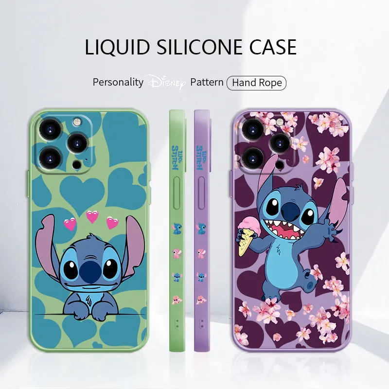 

Silicone Phone Liquid Coque Case for iPhone 11 12 13 Pro Max 7 8 Plus SE XS Mini Lilo & Stitch Disney Cartoon Celular Cell