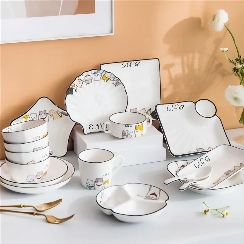 

Japanese Plate And Dish Children Tableware Cartoon Cat Pattern Ceramic Dinner Plate Rice Bowl Plates Fruit Tray Dish Dinnerware