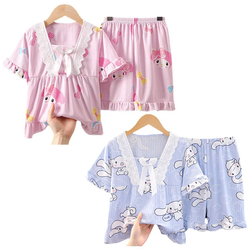 

Anime Sanrios Series Children Adult Bow Short Sleeve Pajama Suit Cartoon My Melody Cinnamoroll Summer Home Clothes Two-piece Set