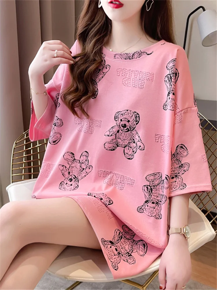 

H.Sa 2022 Short Sleeve Tops Bear Letter Print Female Tees O-neck Casual Loose Cotton Shirts Women Summer All-match Cute T-shirt