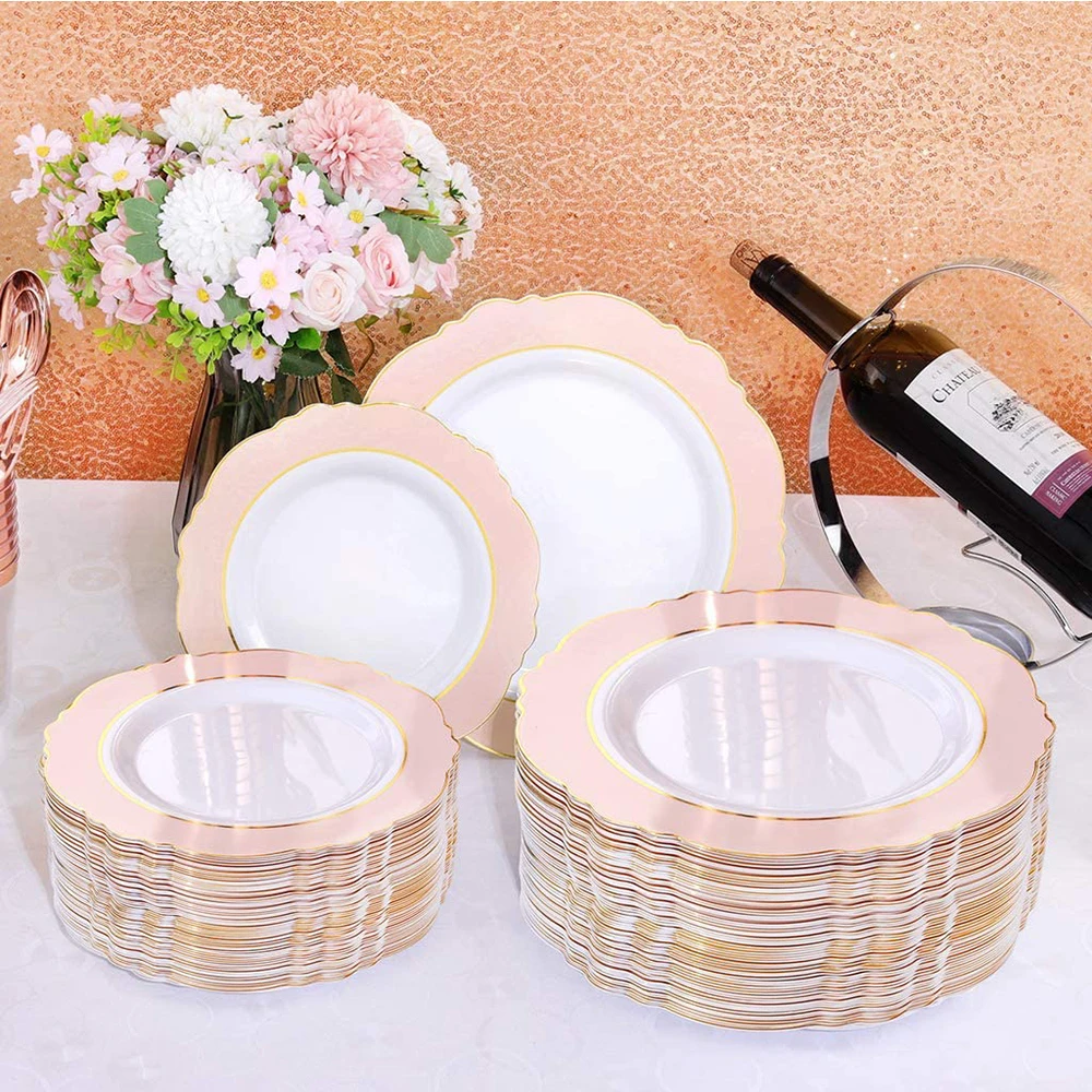 

20Pcs Disposable Plastic Plate Baroque Pink and Gold Dinner Plate Birthday Wedding Mother's Day Party Tableware Supplies