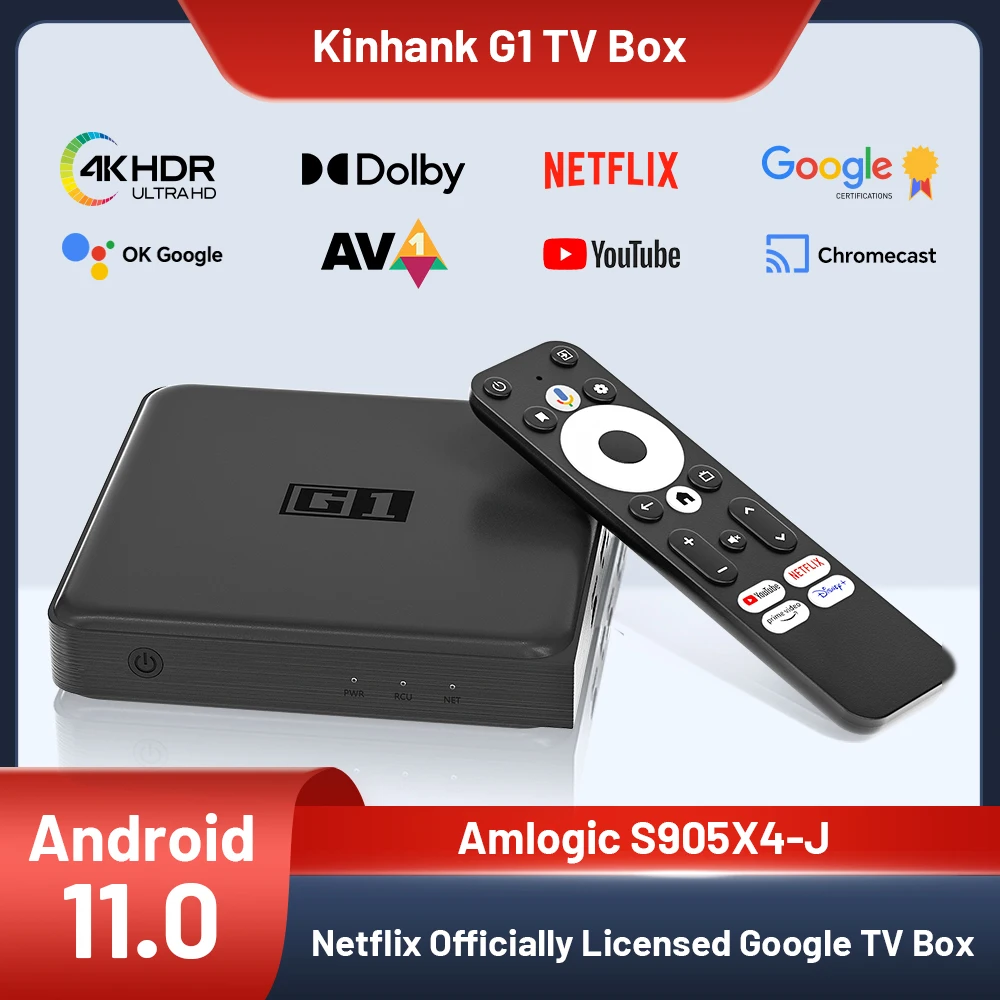 KINAHNK G1 Smart TV Box 4K при 60 кадров в секунду для Netflix с сертификацией Google Android 11 система