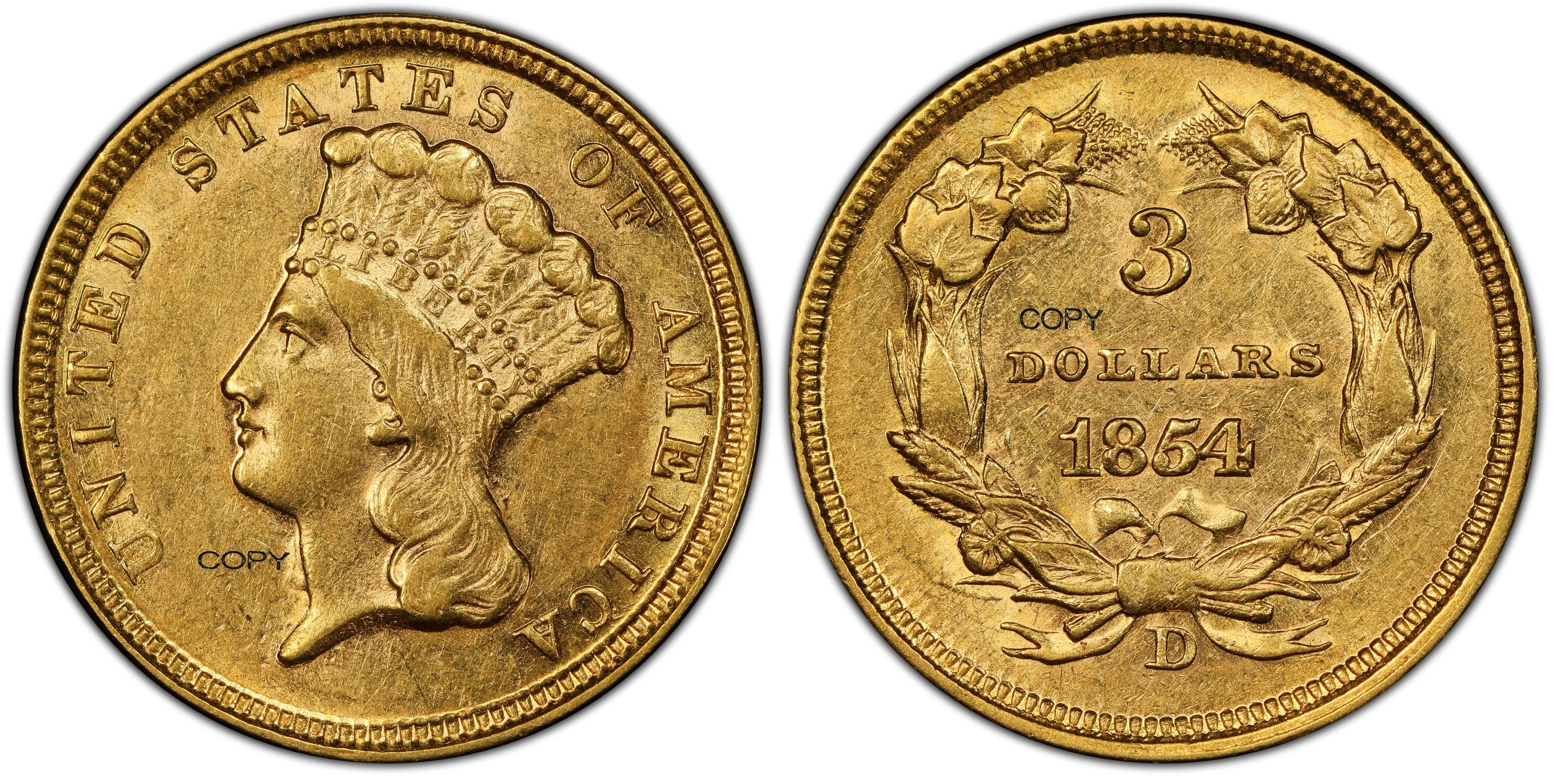 

Соединенные Штаты Америки 1854 D 3 доллара США Золотая копия монета голова левая корона с кругом перьев латунный Металл