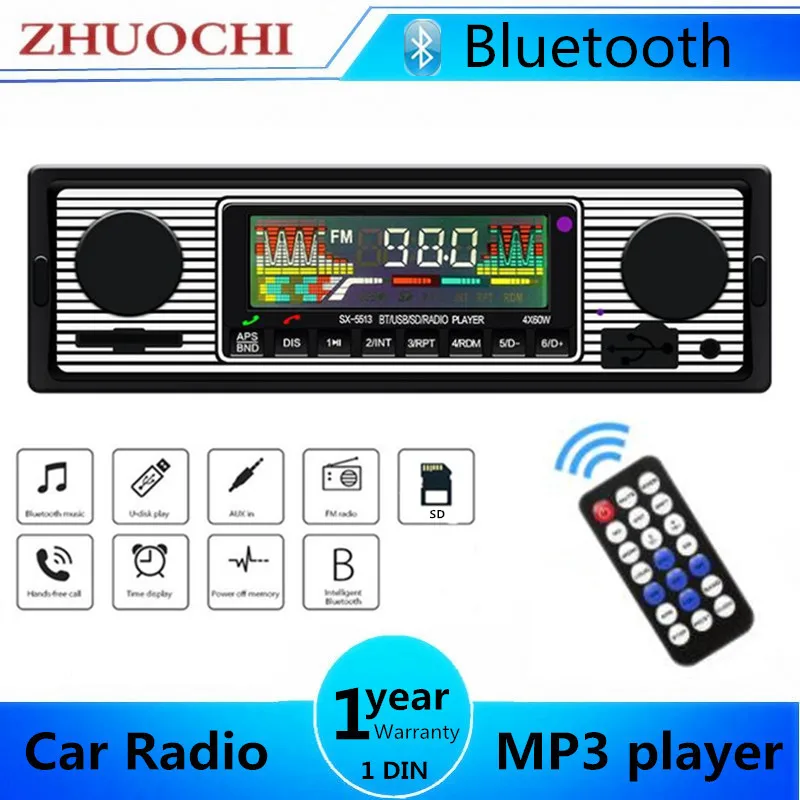 Classic Car Radio 1 DIN Stereo FM Bluetooth Vintage MP3 Audio Player Cellphone Handfree Digital USB/SD With In Dash Aux Input