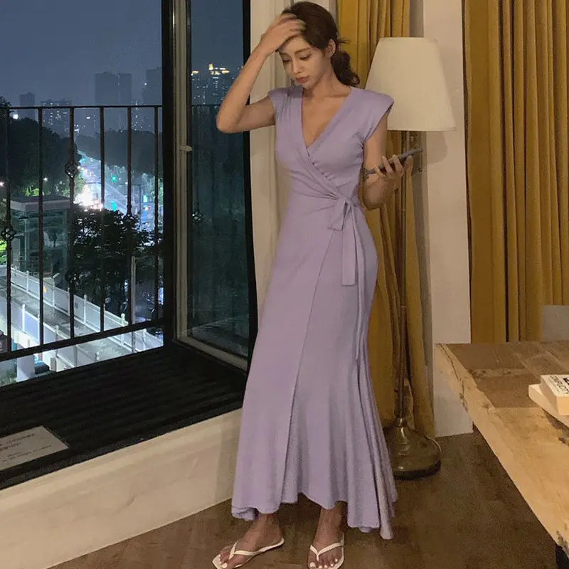 

Purple Elegant Dresses For Women Korean Fashion Sleeveless Deep V-Neck Robe Sexy Femme Bandage Chic Evening Dress Vestido Longo