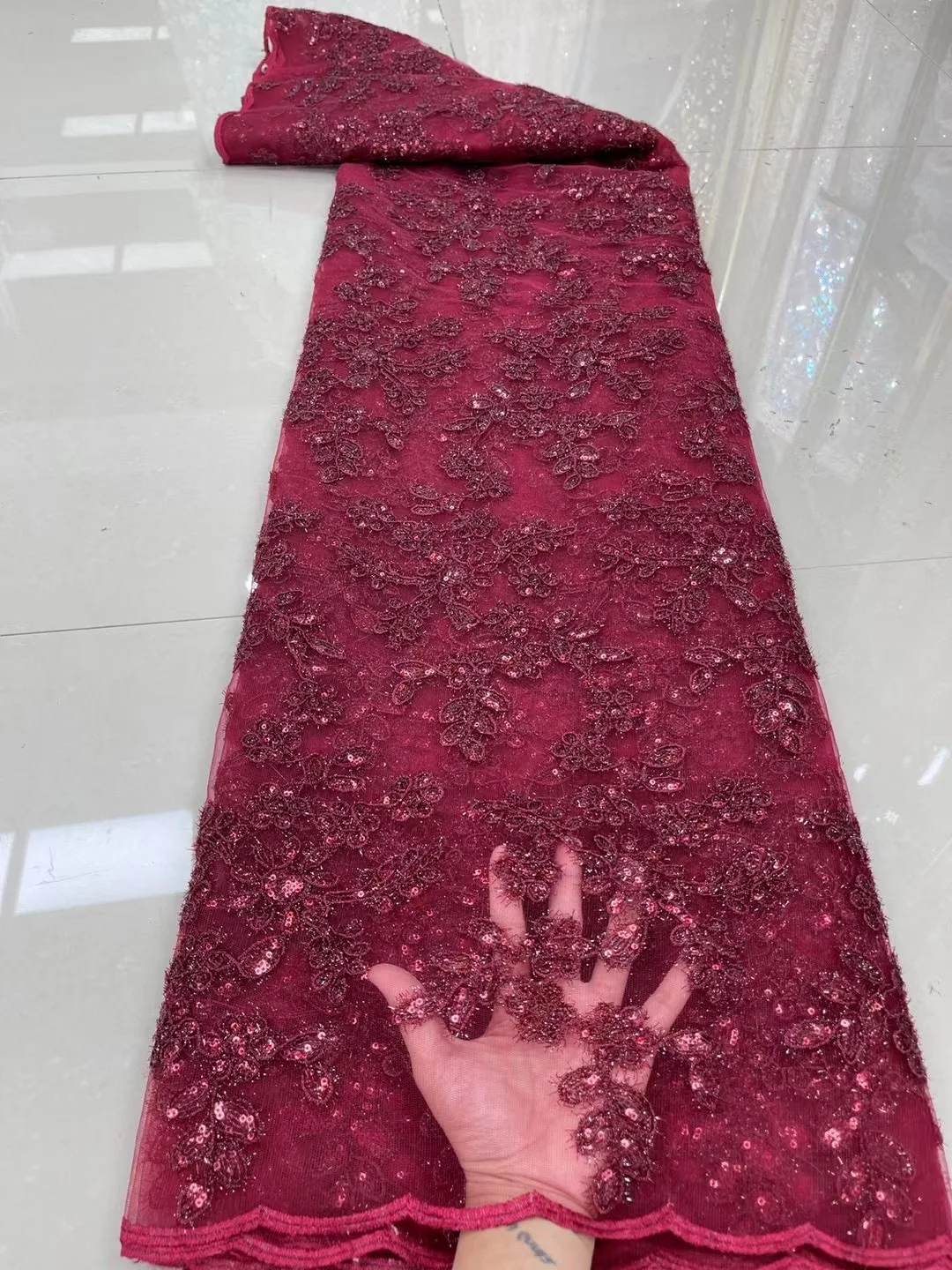 

French Hot Sale Wine Red Lace Fabric African 2022 High Quality Lace Milk Silk Tulle Lace Fabric Nigeria For Women Birthday Dress