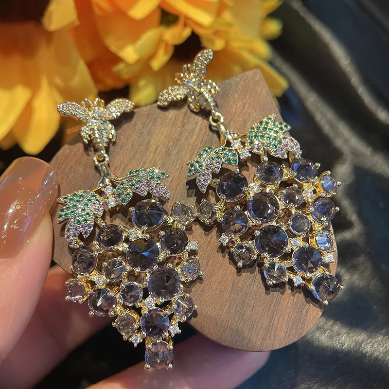 

insect grape color zircon designer earrings Luxury banquet exaggeration fine jewelry