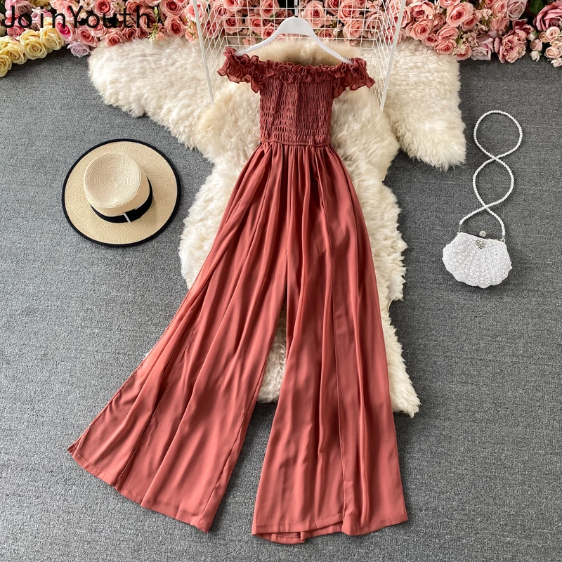 Женский комбинезон с вырезом-лодочкой широкие брюки со складками летний в