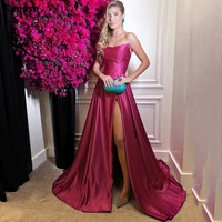 eeqasn simple a line satin evening dresses side split strapless women formal prom gowns night event occasion party dress