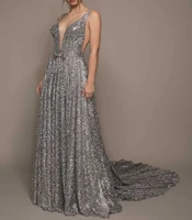 sexy fashion a line prom formal dresses 2022 v neck backless gray sequin evening party gown robe de soiree vestidos festa