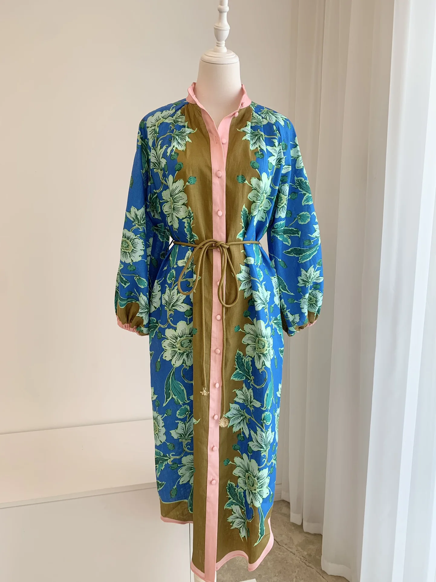 Women Mid Calf Robe Flower Print Lace Up Waist Stand Collar Long Sleeve Shirt Dress 100% Linen Vintage