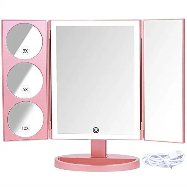 

xlarge vanity mirror with lights | extravagant trifold led lighted makeup mirror with 3x, 5x, 10x magnification & bonus usb cabl