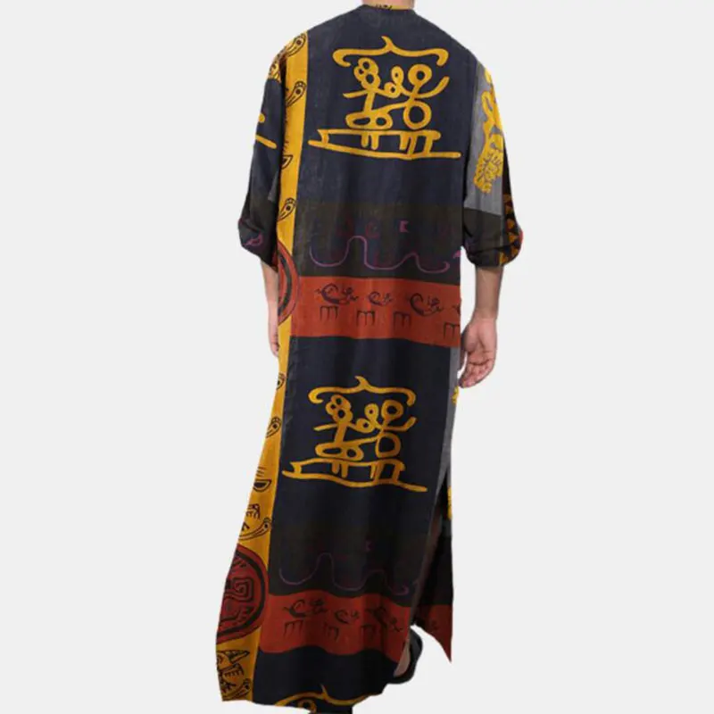 Islamic Jubba Thobe Muslim Men Robe Casual Loose Ancient Script Elephant Print Ethnic Arabic Long Sleeve One Piece Kaftan S-5XL
