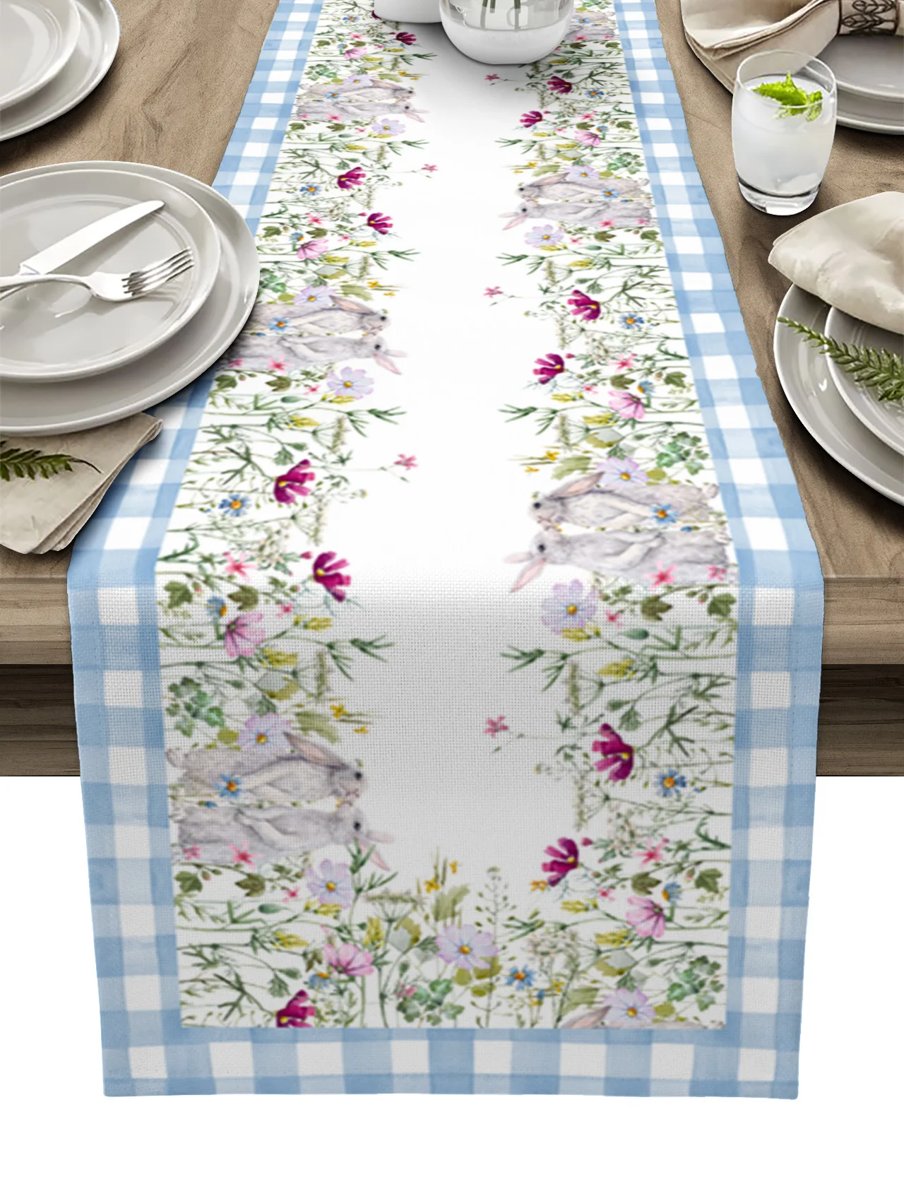 

Пасхальный декор 2023, красочный цветок, кролик, синяя клетчатая настольная дорожка, свадебное украшение, кухонный обеденный стол, коврик, ска...