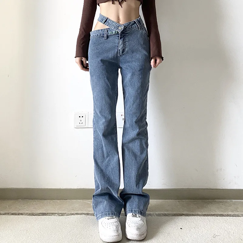 Blue Side Hollow Chain Patchwork Women's Jeans Straight High Waist Zipper Pocket Female Pant Streetwear Casual Solid Lady Bottom