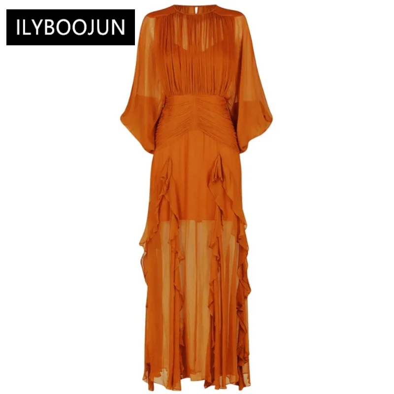 

Женские платья с оборками, модельное однотонное платье миди с оборками, круглым вырезом, рукавами-фонариками и высокой талией, женская осенняя одежда, 2023