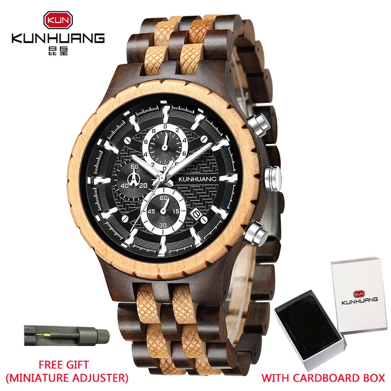 

Wooden Watches Men's Luxury Top Brand KUNHUANG Quartz Wristwatch Fashion Sport and Business Watch Male Clock Reloj Hombres
