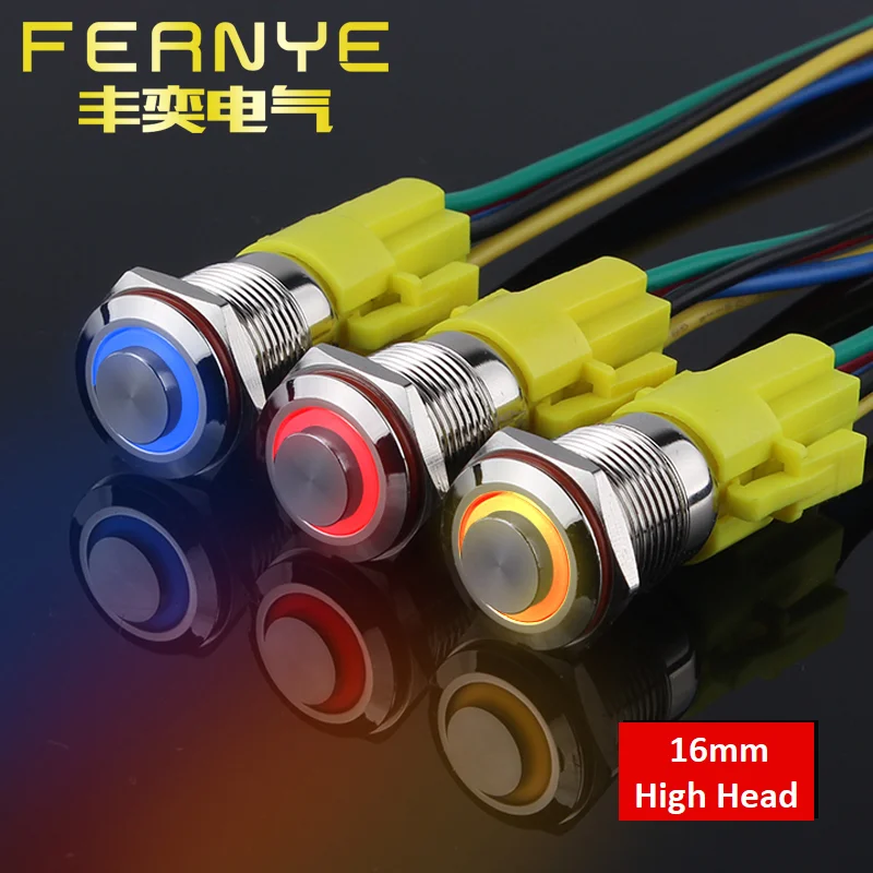 

16mm Metal Push Button Switch Waterproof LED Light Self locking/Momentary High Head Ring Symbol Switch with Connector