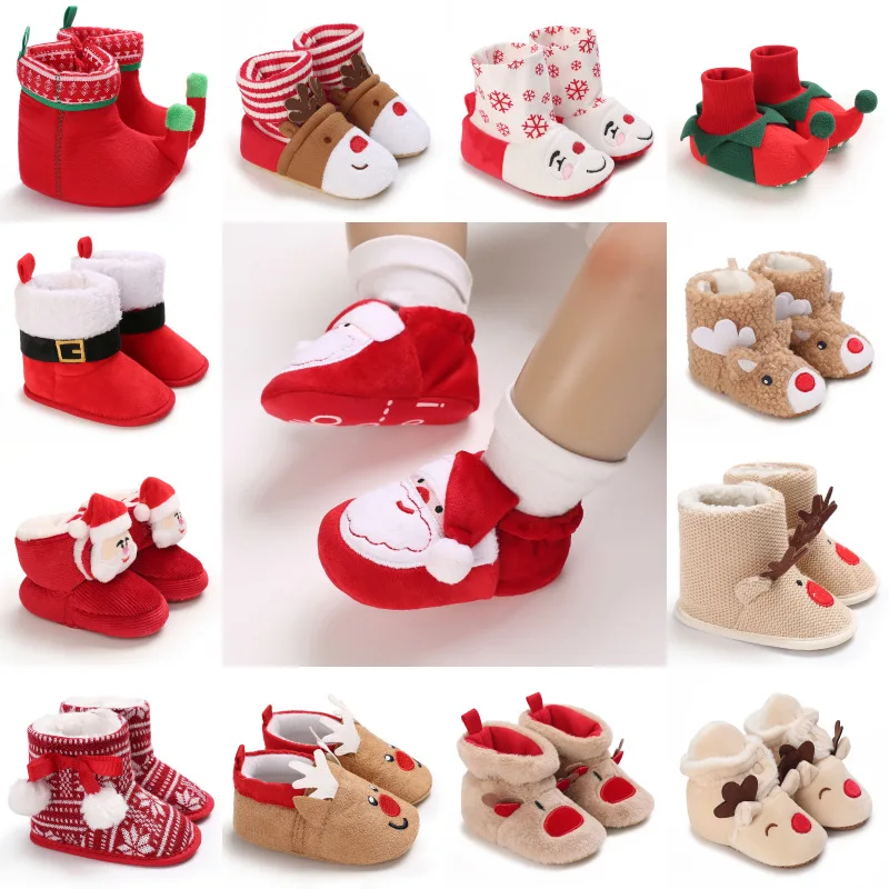 

Рождественская теплая обувь для малышей, начинающих ходить, зимняя обувь для маленьких мальчиков и девочек на возраст 0-18 месяцев, Рождество, косплей, милая мультяшная детская мягкая обувь