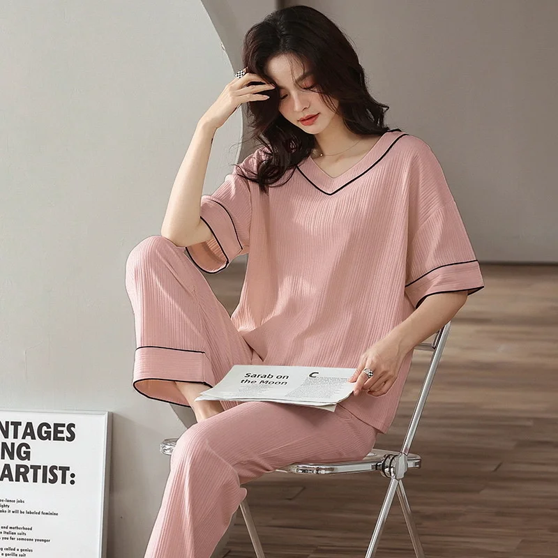 pajamas women's spring  summer short sleeved trousers cotton simple  natural solid color loose  home clothes suit