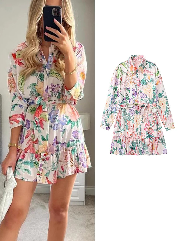 

TFMLN New Women Print Dresses With Belt 2022 Elegant Party Vestir Long Sleeve Female Causal A-line Loose Outfit