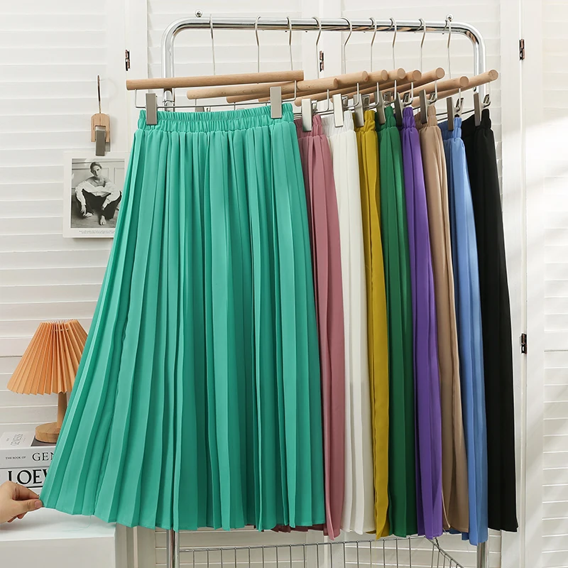 

Korean drape pleated skirt women's spring and summer high-waisted candy color slim temperament large swing umbrella long skirts