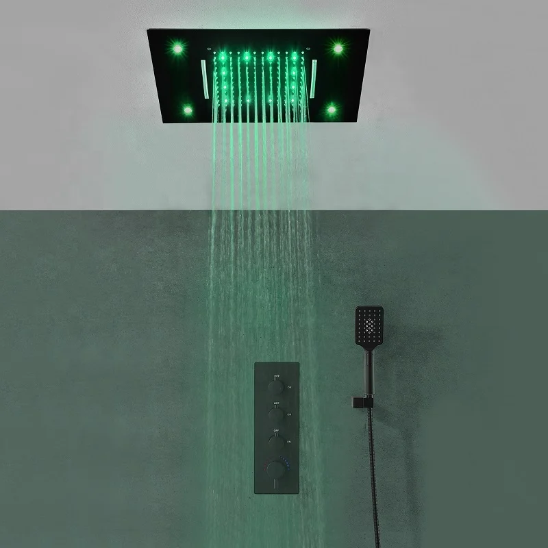 Умный душевой набор для ванной комнаты: роскошная душевая лейка с LED-подсветкой, черная, с эффектом водопадатропического дождя, ручной душ (art.: 3920d915c8d74) - 3920d915c8d74