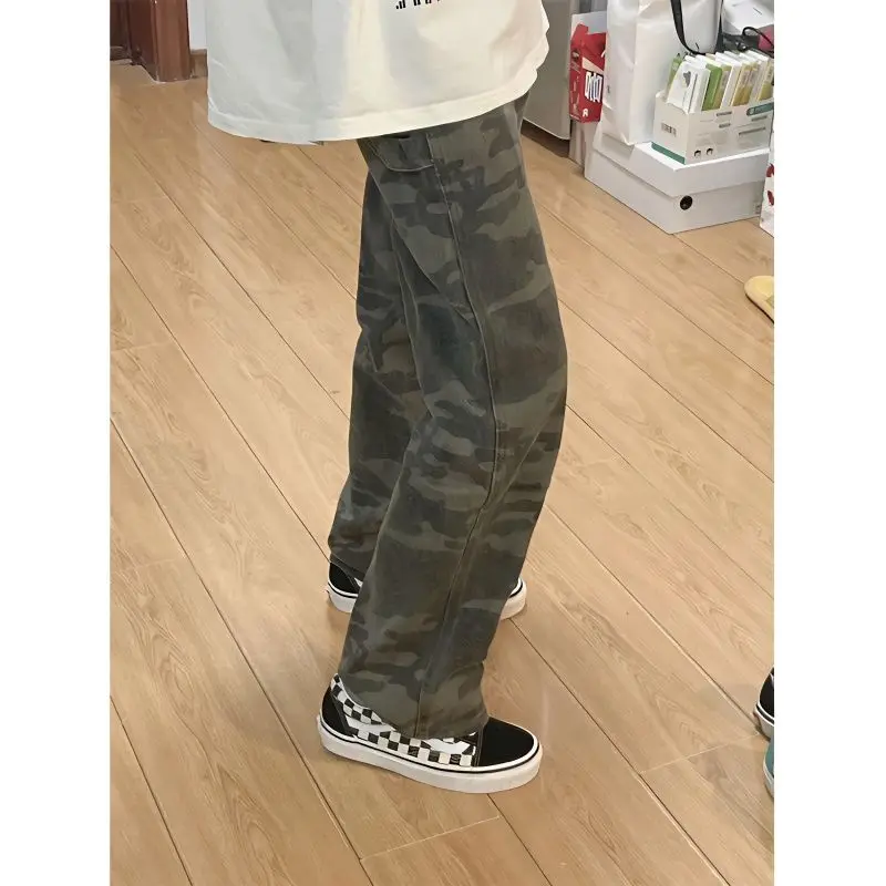 

2023 Baggy Vintage Camouflage Women's Cargo Pants High Wist Straight Casual Korean Fashion Jeans Bottoms Denim Trousers Q632