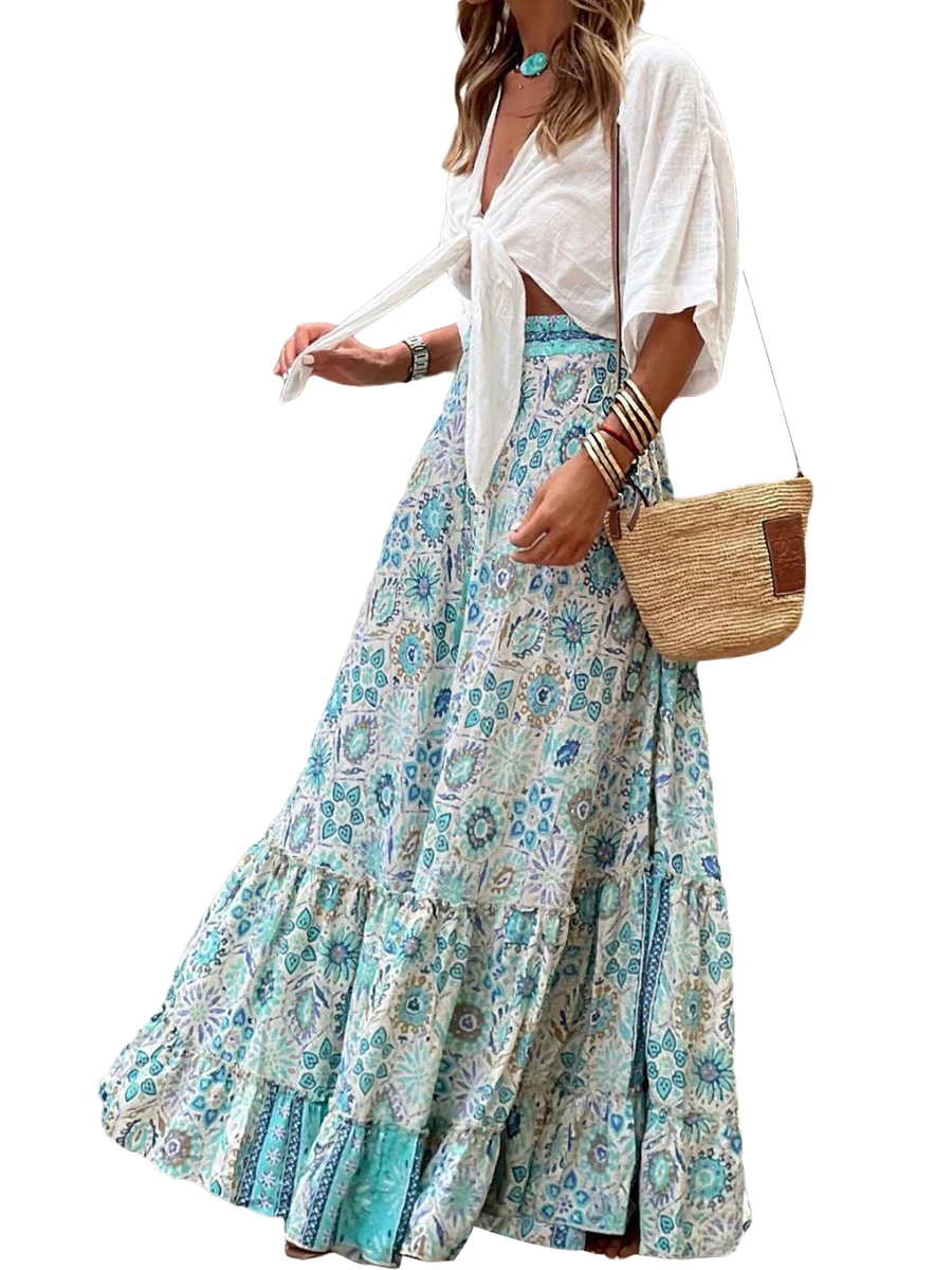 

Женская Цветочная юбка в стиле бохо, пляжная юбка с принтом и оборками на подоле для отпуска, Клубная уличная одежда, эстетичная одежда