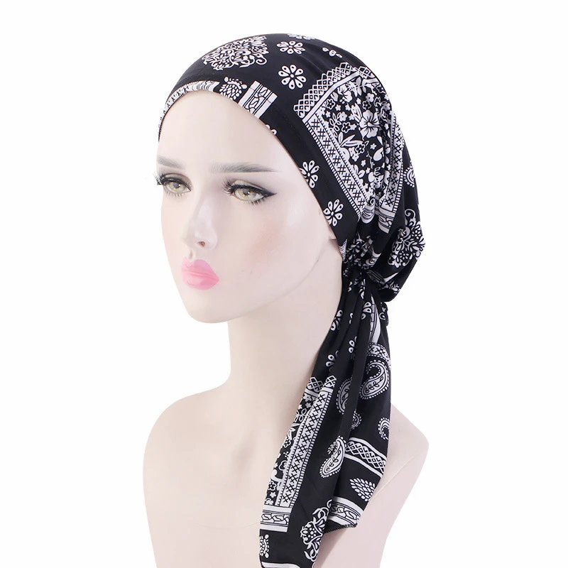 

Women Muslim Pre-Tied Head Wrap Islamic Ladies Hijab Headscarf Flower Print Turban Hair Loss Cover Hat Cancer Chemo Caps Bandana