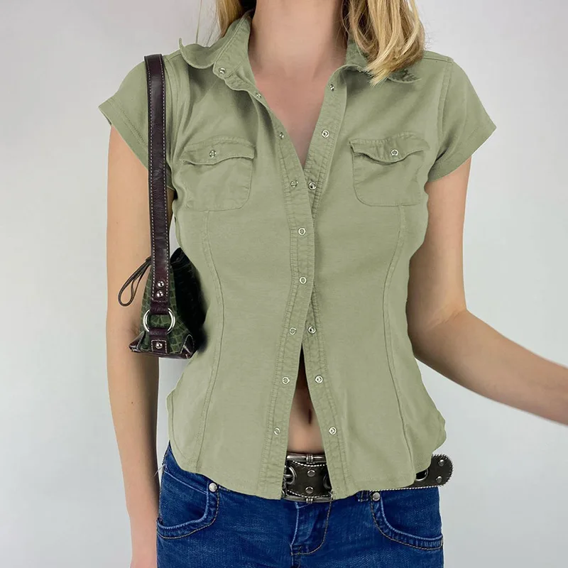 

2022 Summer Street Style Retro Slim Double Pocket Overalls Casual Top Hot Girl Waist Solid Color Cardigan Lapel Shirt