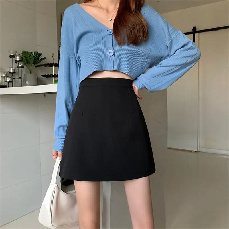 Black Skirts Women Mid-calf College A-line High Waist Korean Style All-match Friends Streetwear Chic Female Bottom Юбка Женская