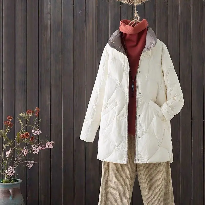 New Winter Women White Duck Down Coat Female Stand Collar Mid-Long Coat Casual Lady Outwear Down Pockets Buttons Ladies M12