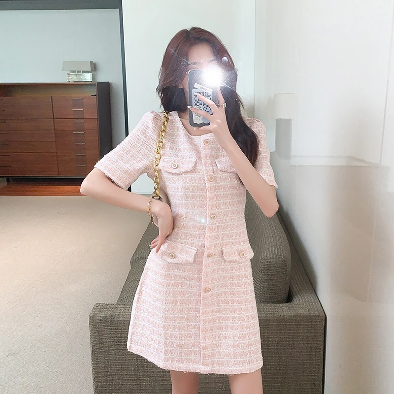 

Vintage Small Fragrant Plaid Tweed Mini Dresses 2022 Korean Fashion Elegant Summer Short Sleeve Single-Breasted Casual Dress