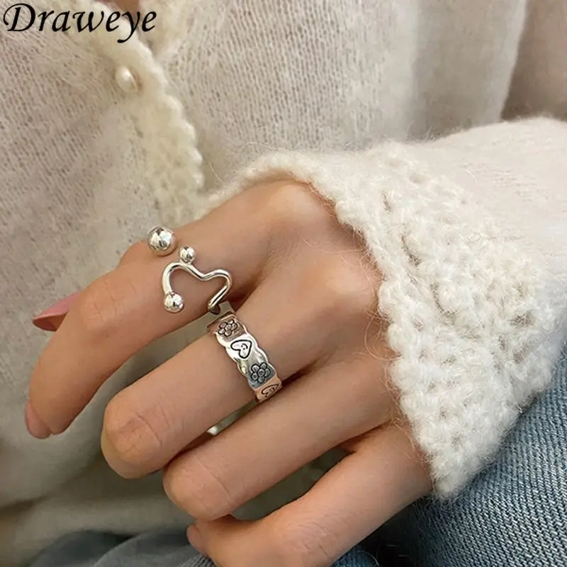 

Кольца Draweye для женщин, улыбка, геометрическое сердце, цветок, ювелирные изделия, подарок для девушек, металлические манжеты, роскошные крутые винтажные кольца на указательный палец