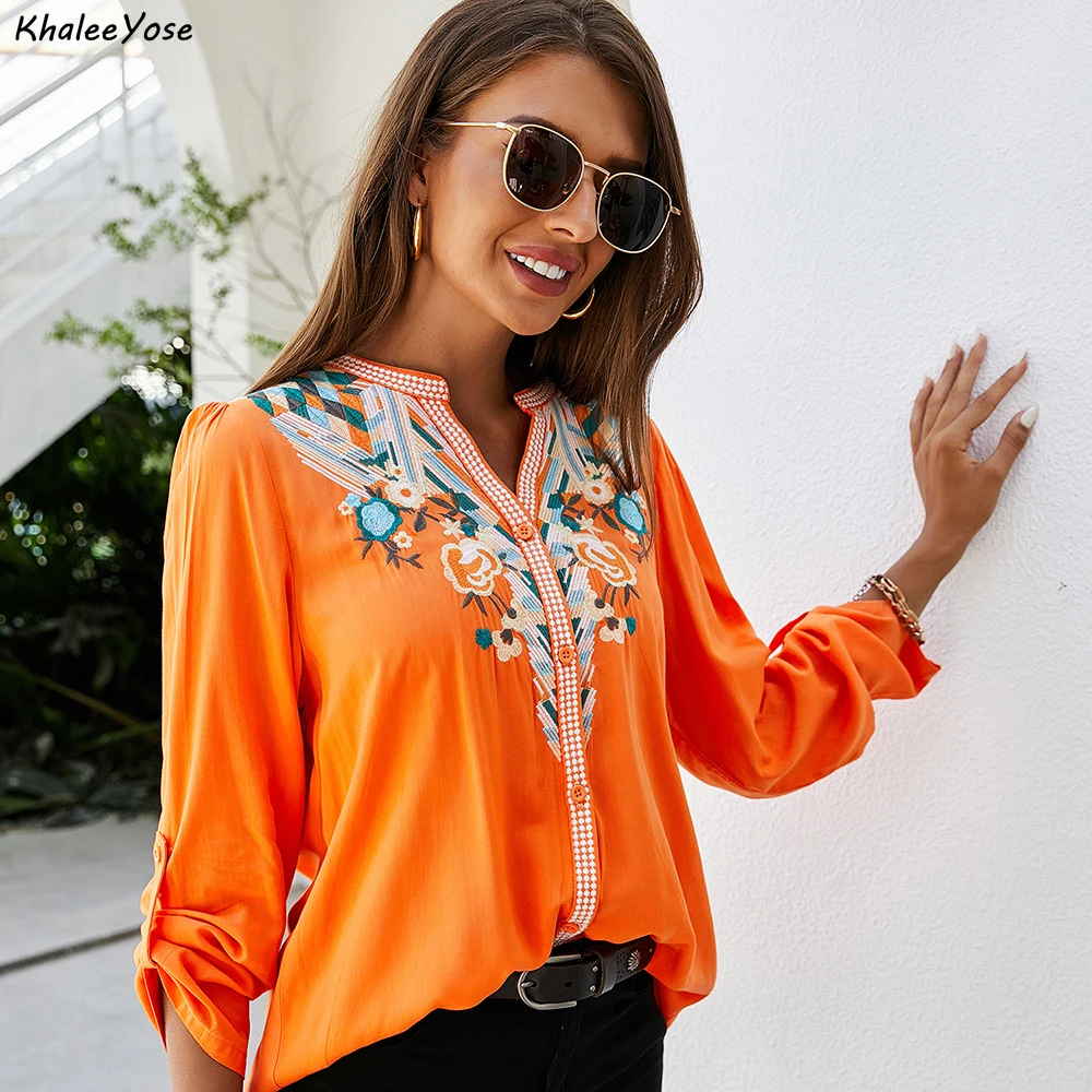 KHALEE YOSE Floral Embroidery Blouses Shirt Orange Spring Autumn Boho Mexican Women Shirts Long Sleeve 23xl Ethnic Hippie Tops