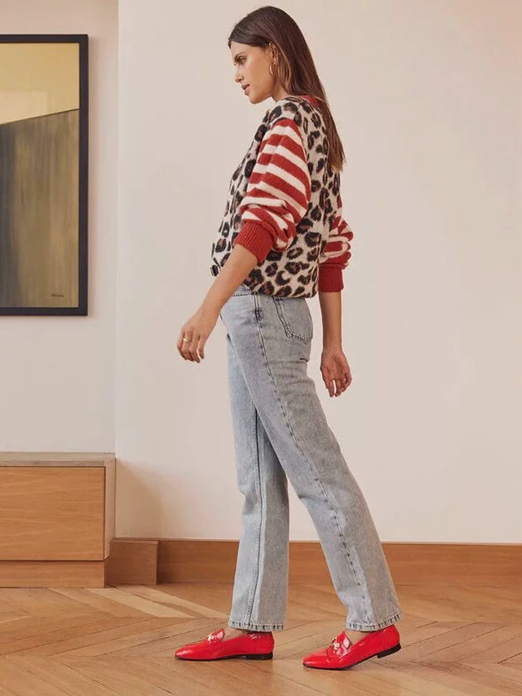 Модный полосатый леопардовый кардиган свитер женский лоскутный повседневный