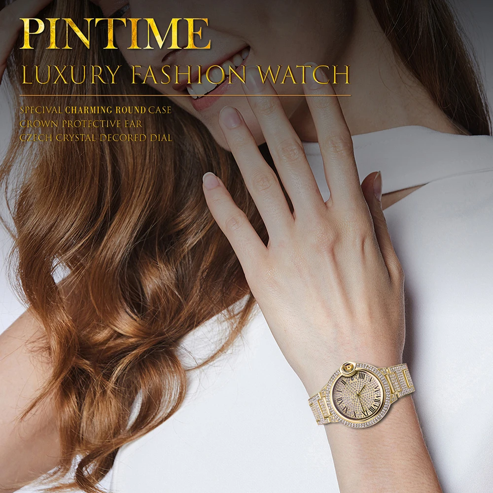 

Новые Роскошные Кварцевые часы для мужчин, наручные часы с календарем, ремешок из нержавеющей стали со стразами, модные часы с подарочной ко...