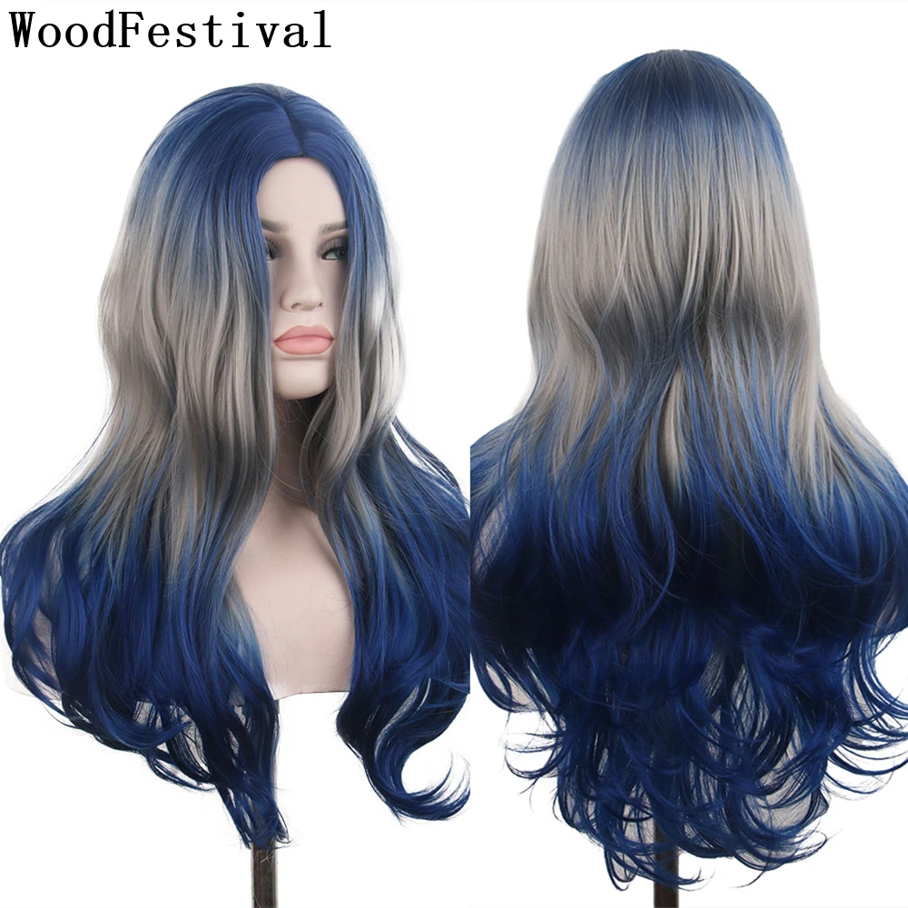 

WoodFestival Synthetic Hair Wig Wavy Cosplay Wigs For Women Long Blue Red Purple Pink Brown Green Black Grey Ombre Colored
