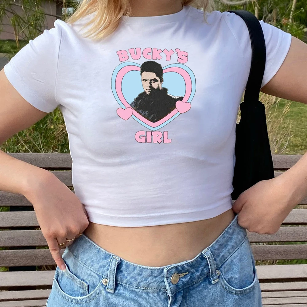 

Women Bucky's Girl Shirt Retro Crop Baby Tee Cool Bucky Barnes T-shirt Y2k Barnes 1917 Sebastian Stan Graphic Tee Cute Y2k Tops